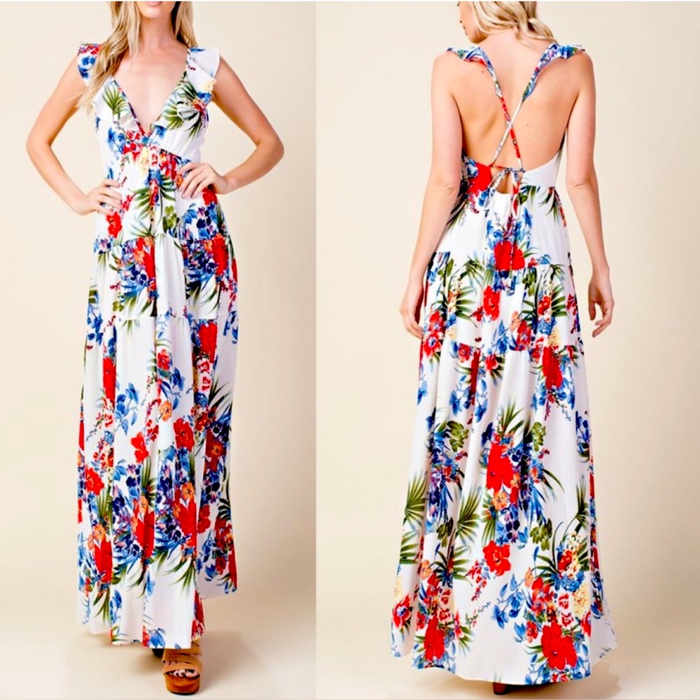 L Love Floral V-Neck Open Tie-Back Maxi Dress – Size Medium